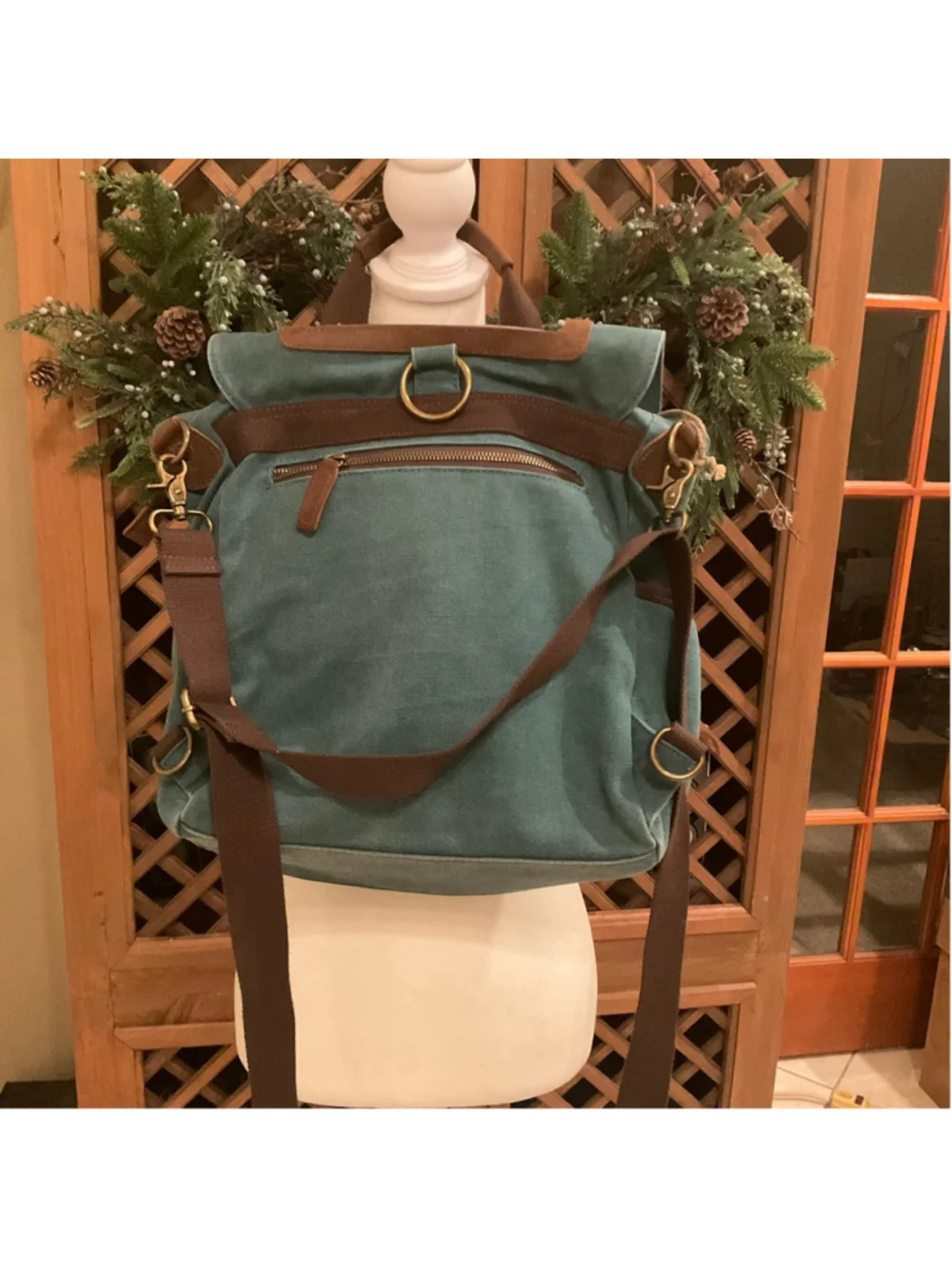 Acacia Canvas & Genuine Leather Backpack Tote Bag Teal - Picture 5 of 7
